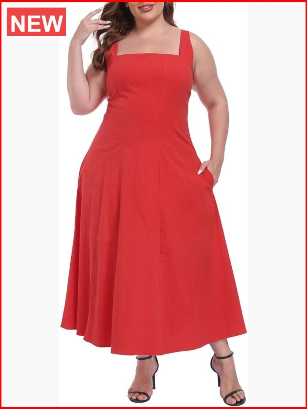 Plus Size Square Neck Cotton Midi Dress Sleeveless A Line with Pockets